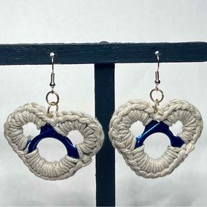 Handmade Light Gray Crochet Recycle Blue Aluminum Tab Dangle Heart Earrings